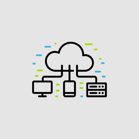 Minimalist vector illustration depicting a black outline cloud computing network on a light gray background connected to a desktop computer mobile device and server rack with light blue and green accentsのイラスト素材