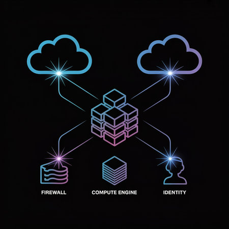 Pink and blue gradient lines connect cloud icons data cubes and server icons on a black background.  The style is minimalist and linear.のイラスト素材