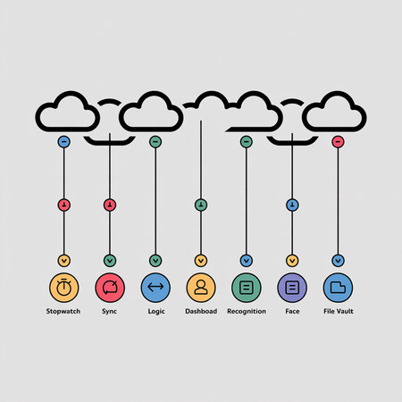 A minimalist line art diagram shows data flow from four cloud servers to seven client applications each representing a function stopwatch sync logic dashboard recognition face and file vault using pastel colored circles on a grey backgroundのイラスト素材