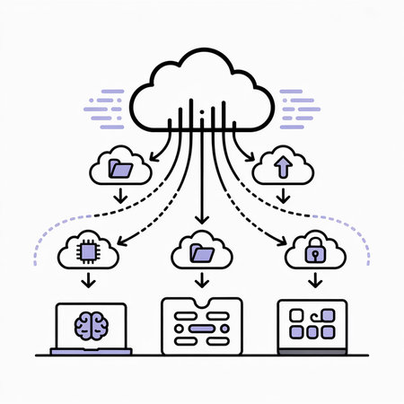 Lavender and black line art diagram illustrating data transfer in a federated AI learning system multiple devices and servers connected to a central cloud server data flows are depicted with arrows.のイラスト素材