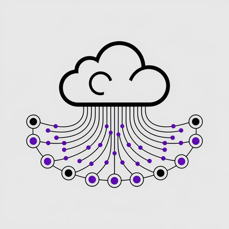 Minimalist vector illustration depicting a cloud computing network with purple and black nodes connected by black lines against a light gray background.のイラスト素材