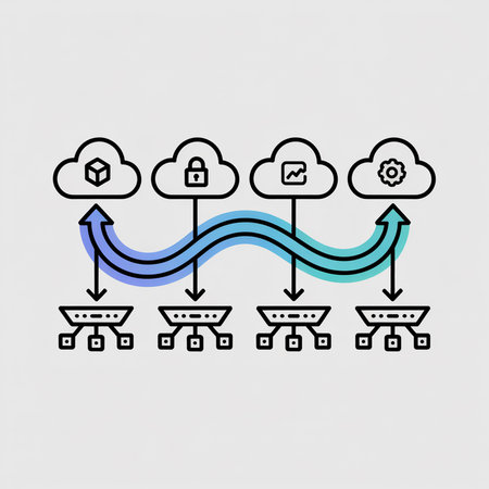 Teal and blue arrows depict data flow between cloud servers and data cubes on a gray background.  The vector illustration uses line art and simple shapes.のイラスト素材