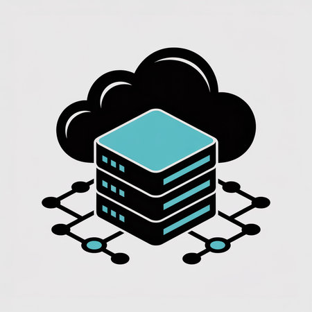 Isometric view of a teal and black server stack connected to a black cloud via a network of teal and...