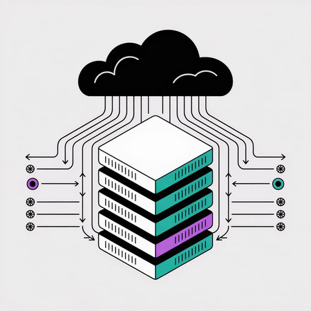 Isometric illustration depicts data transfer from a black cloud to a white teal and purple server rack via thin lines and circular data points on a light grey background.のイラスト素材
