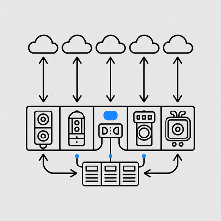 Line art illustration showing data transfer from five gray clouds to a central blue CPU then to various devices.  Simple style with black lines and blue accents on a light gray background.のイラスト素材
