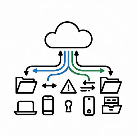 Line art illustration depicting cloud data transfer with green and blue arrows connecting a cloud to...