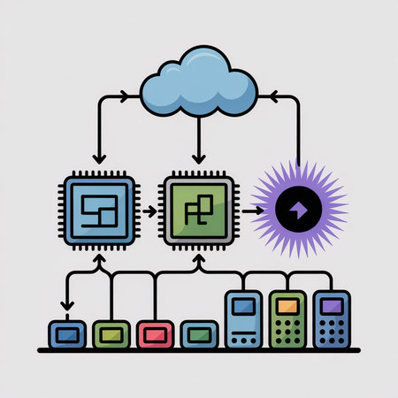 Abstract diagram depicting data flow from a blue cloud through green and blue processing units to various multicolored devices.  Purple sunburst highlights data transfer.のイラスト素材
