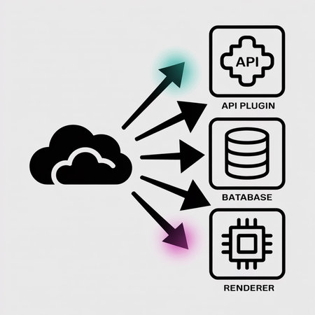A light gray background features a black cloud emitting black arrows pointing to teal and purple highlighted API plugin database and renderer componentsのイラスト素材