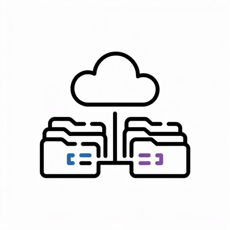 Black line art icon depicts cloud data synchronization between two servers multiple folders blue and purple accents on white backgroundのイラスト素材