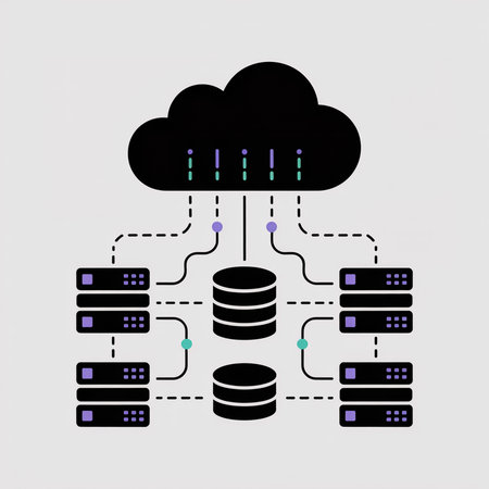 A stylized illustration depicts a black cloud connected to black servers and databases via dashed lines accented with teal and purple.  The style is simple and graphic.のイラスト素材