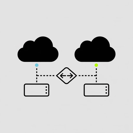 Simple diagram showing data transfer between two black cloud icons and servers using dotted lines light blue and green dots.  Minimalist style on light grey background.のイラスト素材