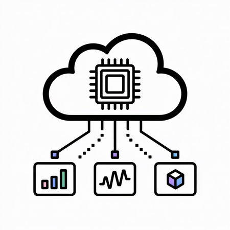 A black outline illustration depicts a cloud with a microchip connected to icons representing a bar...