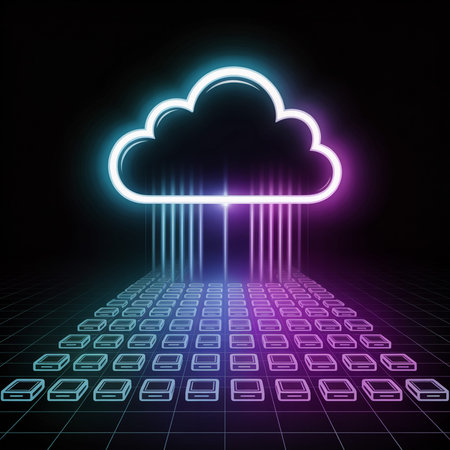 Glowing cyan and purple neon cloud icon over a grid of servers data storage.  Abstract background...
