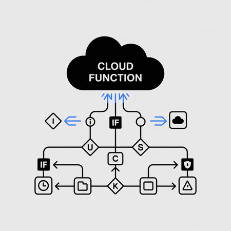 Black and white diagram showing data flow in a cloud function using various shapes and blue arrows.  Simple style.のイラスト素材
