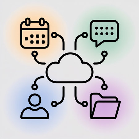 A pastel-colored illustration depicts a central cloud server connected to icons representing a user profile, calendar, file folder, and messaging.  Lines connect each element, suggesting data synchronization.のイラスト素材