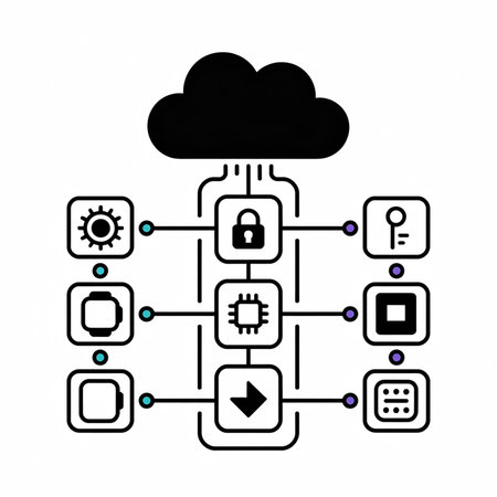 Black and white line art depicts data flow from a black cloud server to various devices including a smartwatch, microchip, key, and other icons connected by thin lines and small teal circles.のイラスト素材