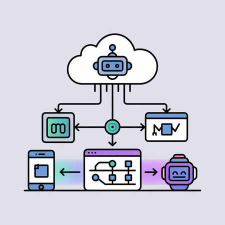 A diagram depicts data flow between a smartphone, a dashboard, a cloud-based robot, and a smartwatch using a teal, purple, and blue color scheme in a line art style.のイラスト素材
