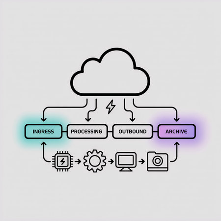 Linear data flow diagram illustrating cloud-based data processing stages using icons and color-coded boxes against a light gray backdrop.  The style is simple line art with subtle color accents.のイラスト素材