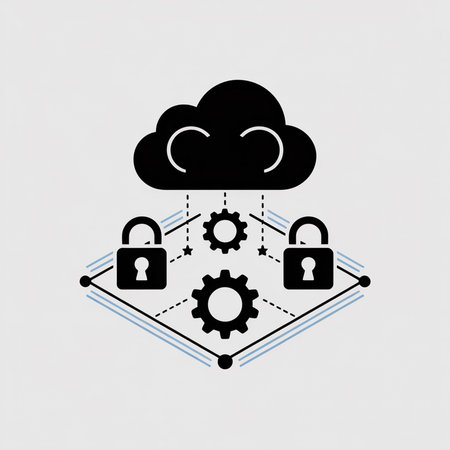 A vector graphic depicts a black cloud with two black padlocks and gears connected by light blue lines on a light gray background.  The style is simple and flat.のイラスト素材
