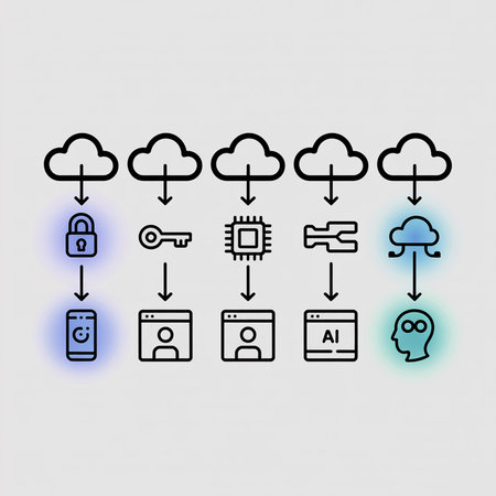 Horizontal layout illustrating cloud computing data flow using black line icons on a light gray background Subtle blue and teal gradient highlights accentuate key elements.のイラスト素材