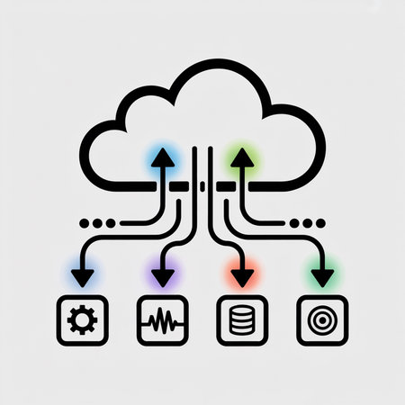 Black outline illustration depicting cloud data transfer with light blue green purple orange arrows connecting to gear database waveform target symbolsのイラスト素材