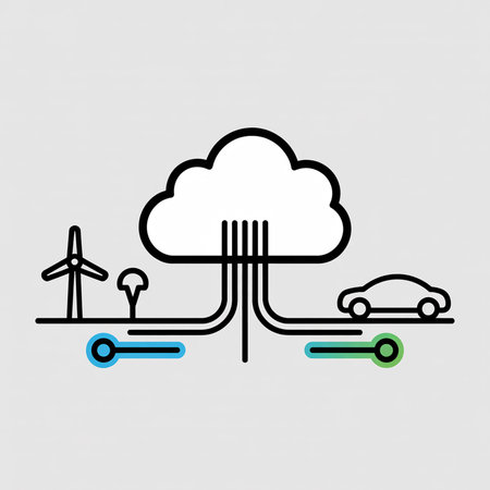 A black and white vector illustration depicts a large cloud connected to a wind turbine, a small tree, and a car by light blue and green lines.  The style is simple and minimalist.のイラスト素材