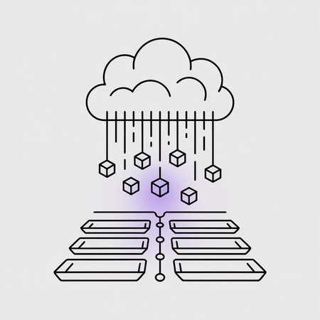 Black line art illustration depicting data cubes descending from a cloud into rectangular data storage containers linked by lines against a light gray background.  Simple, minimalist style.のイラスト素材