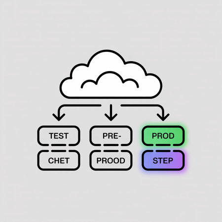 A minimalist diagram depicts a cloud computing deployment workflow using green purple and light blue rectangles to represent test preproduction and production stagesのイラスト素材