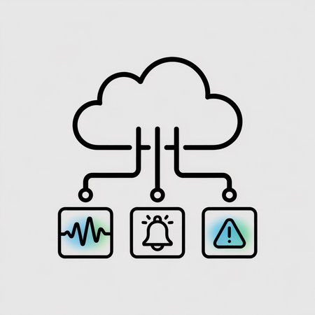 Black line art cloud server connected to three gradient squares showing a heartbeat a bell and an exclamation mark against a light grey backgroundのイラスト素材