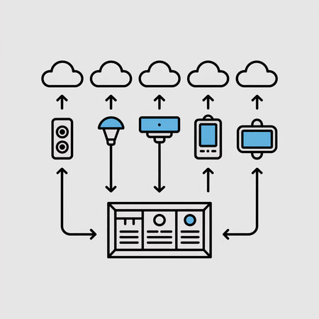 A simple line illustration shows data flowing from five smart devices to a central server via cloud computing.  The color scheme is primarily blue and black on a light grey background.のイラスト素材