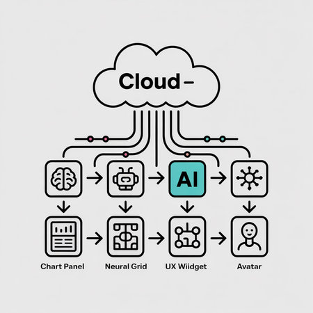 A simplified diagram depicts a cloud-based AI workflow using teal and black line art icons showing data flow from a brain symbol to a chart panel, neural grid, UX widget, and avatar.のイラスト素材