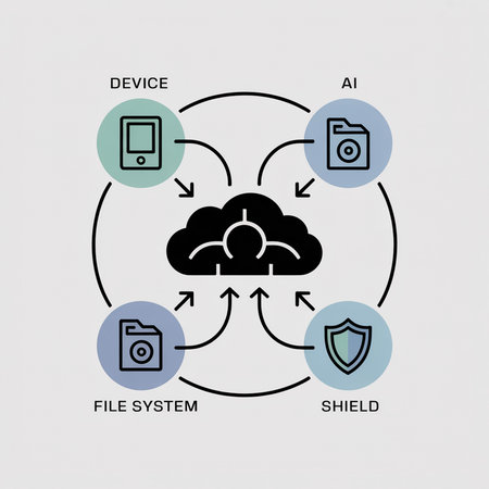 Simple diagram depicting cloud computing data flow using pastel circles and black line icons for device, filesystem, AI, and security shield elements connected to a central black cloud icon.のイラスト素材