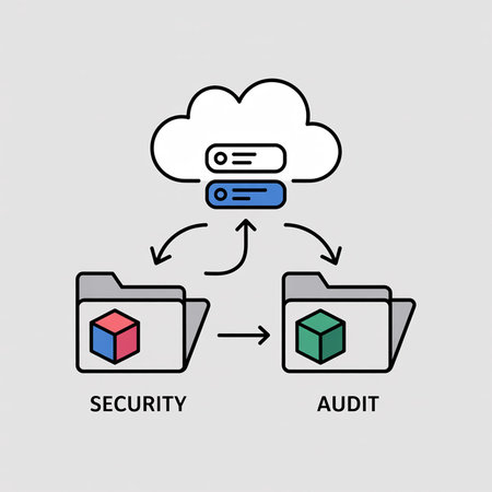 Simple line art illustration depicting data synchronization between security and audit folders via...