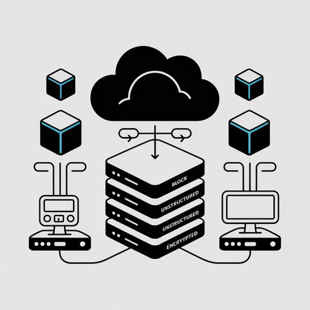 Light gray background features a minimalist diagram illustrating black server cubes connected to a...