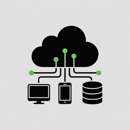 Simple minimalist style illustration depicting a black cloud connected to a desktop computer,...