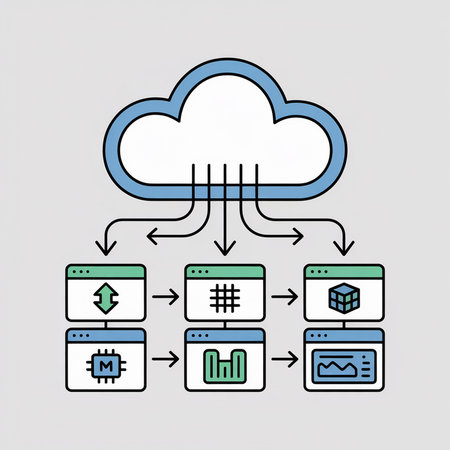 A stylized illustration depicts a blue cloud connected to six green windows via arrows showing data...