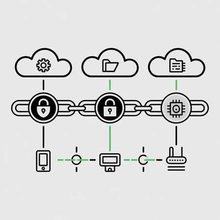 Black and white line art illustration showing a chain linking cloud servers microchips and devices with green lines indicating secure connections. Padlocks symbolize data protection.のイラスト素材