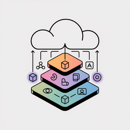 Three-layer isometric cube structure with pastel gradient colors orange purple green and teal...