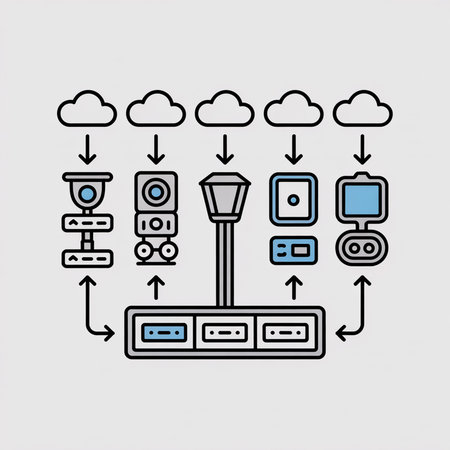 Flat style illustration showing grey and blue smart devices transmitting data to a central server via cloud connections.  Simple lines and shapes depict the network.のイラスト素材