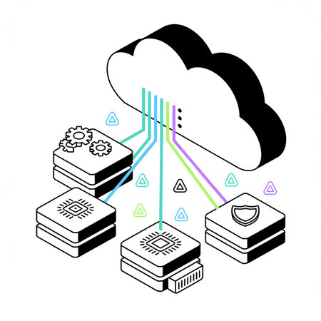 Isometric illustration depicting data transfer to black cloud servers.  Microchips, gears, and a security shield are connected by teal, purple, light green, and blue lines on a white background.のイラスト素材