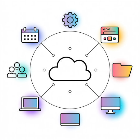 A cloud computing network graphic is displayed with pastel-colored icons of a calendar, gear, users, laptop, desktop, folder, and webpage connected to a central cloud icon.  The style is minimalist and flat.のイラスト素材