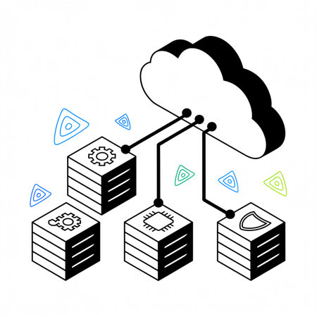 Isometric illustration depicting black data cubes connected to a black cloud via lines.  Teal, green, and blue accents are present.  Icons of gears, microchips, and shields are featured on the cubes.のイラスト素材
