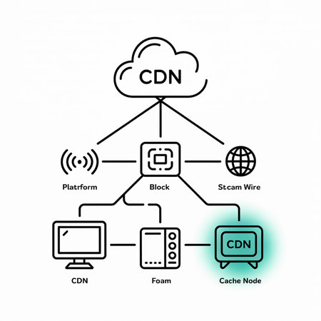 A black and white line art diagram depicts a cloud-based CDN network distributing data to various nodes.  Connections illustrate data flow. One cache node is highlighted in teal.のイラスト素材