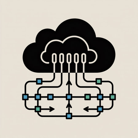 Abstract illustration depicting a black cloud connected to blue and green square servers via black lines and arrows on a beige background.のイラスト素材
