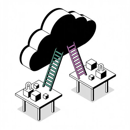 Two isometric tables hold cubes and padlocks Two teal and purple ladders extend from a black cloud to these tables in a flat style illustrationのイラスト素材