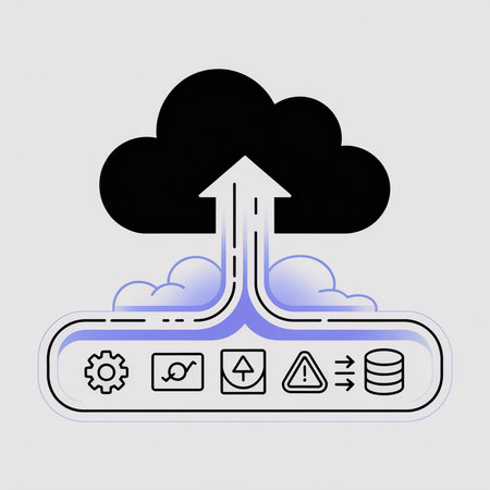Periwinkle blue data streams ascend from a server icon bar to a black cloud on a white background.  Simple line icons depict a gear, graph, mail, warning, and database.のイラスト素材