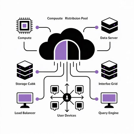 A simplified diagram depicts a cloud computing system using black and purple icons against a white background.  Lines connect the cloud resource pool to various components including servers and user devices.のイラスト素材