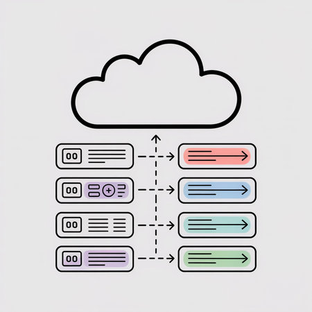Simple line art style data flow diagram featuring pastel colored data blocks transferring to a cloud...