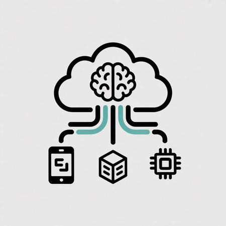 A stylized graphic depicts a black brain inside a black cloud connected via teal lines to a black smartphone, cube, and microchip.  The style is minimalist and flat.のイラスト素材