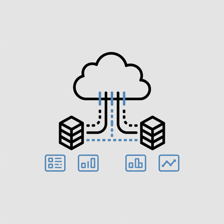 Blue and black line art graphic shows cloud server data transfer to two database cubes with accompanying data analytics charts. Minimalist style.のイラスト素材